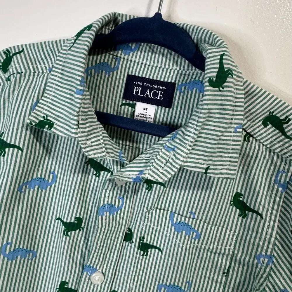 Children's Place Boys Green Striped Dinosaur Button Down Size 4T